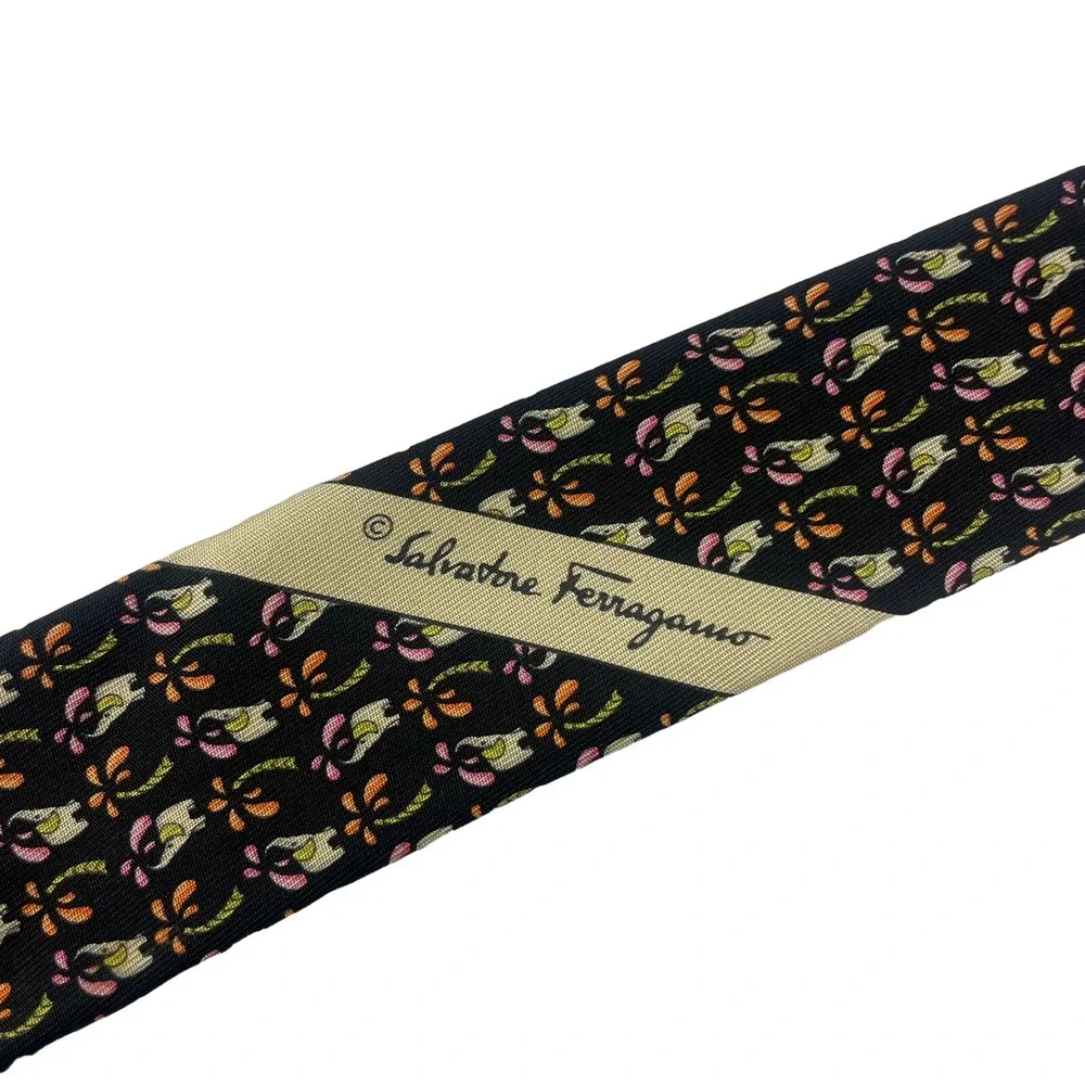 Salvatore Ferragamo Black Silk Elephant Palm Tree Print Tie 3.5 Width Mens